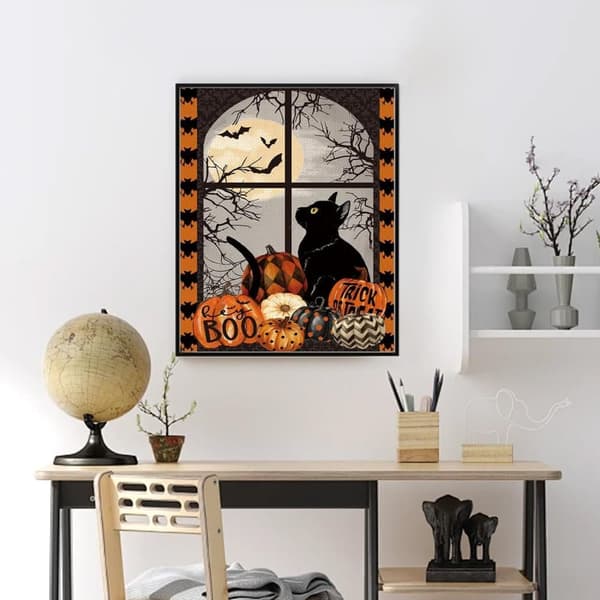Bomclap Halloween Kat & Flagermus Diamantmaleri - 5D Fuld Drill Græskar DIY Diamant Kunst Gave 30x40 cm