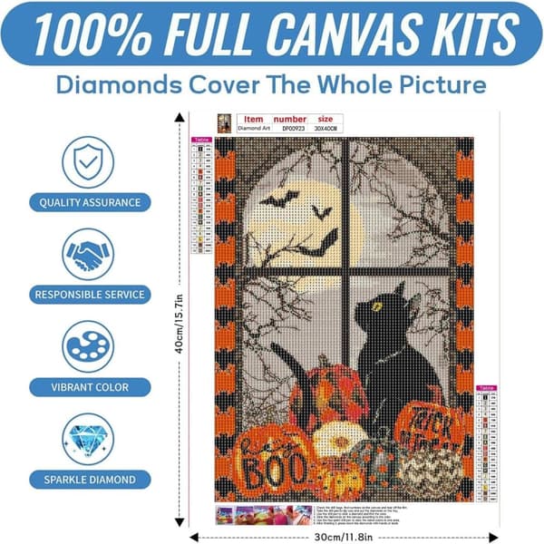 Bomclap Halloween Kat & Flagermus Diamantmaleri - 5D Fuld Drill Græskar DIY Diamant Kunst Gave 30x40 cm