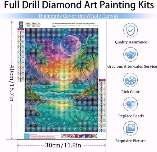 Bomclap Måne & Strand Diamantmaleri - 5D Fuld Drill DIY Diamant Kunst Krystal Perler Vægdekoration 30x40 cm