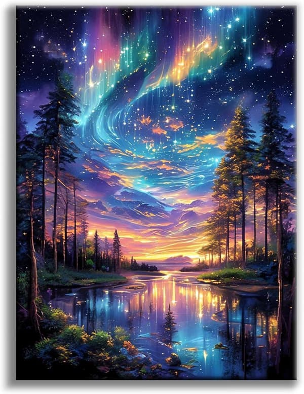 Bomclap Starry Sky Diamond Art Set aikuisille - Aurora Lake 5D timanttimaalaus aloittelija, hämmästyttävät maisemat täysi pora 30x40cm kodin sisustus