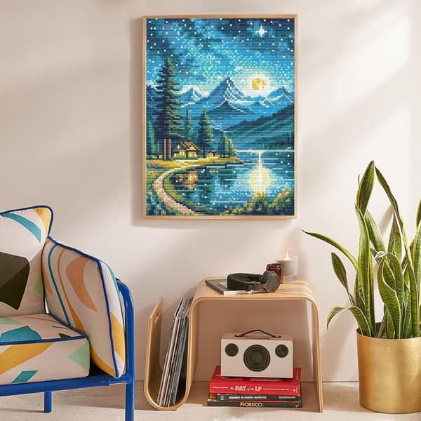 Bomclap Mountain Moon Lake Diamond Art Set Aikuiset - Lakeby Starry Sky Maisema Timanttimaalaus Aloittelija, Täysi pora DIY 30x40 cm Seinäkoriste