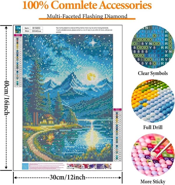 Bomclap Mountain Moon Lake Diamond Art Set Aikuiset - Lakeby Starry Sky Maisema Timanttimaalaus Aloittelija, Täysi pora DIY 30x40 cm Seinäkoriste
