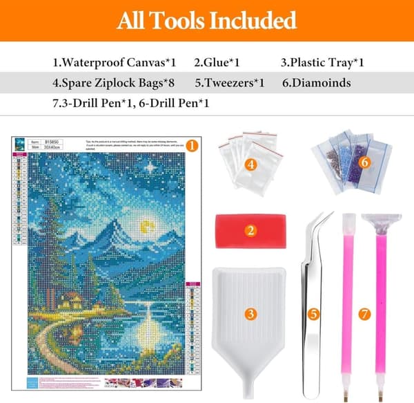 Bomclap Mountain Moon Lake Diamond Art Set Aikuiset - Lakeby Starry Sky Maisema Timanttimaalaus Aloittelija, Täysi pora DIY 30x40 cm Seinäkoriste