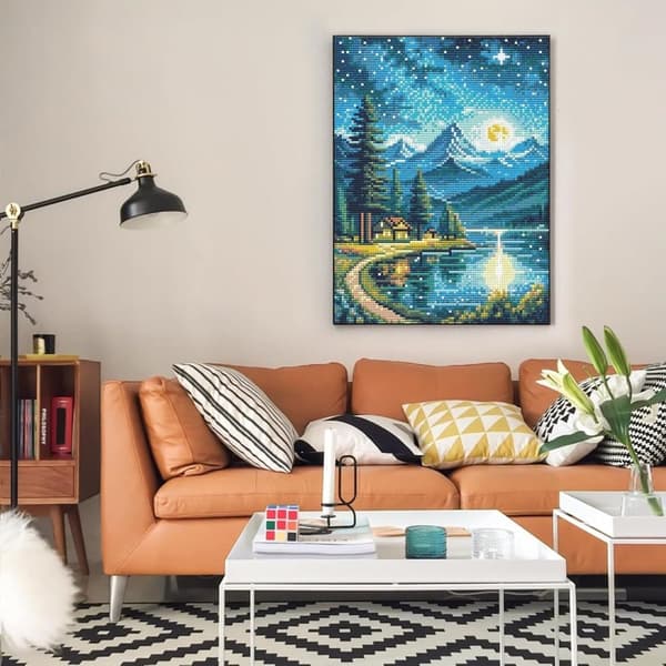 Bomclap Mountain Moon Lake Diamond Art Set Aikuiset - Lakeby Starry Sky Maisema Timanttimaalaus Aloittelija, Täysi pora DIY 30x40 cm Seinäkoriste