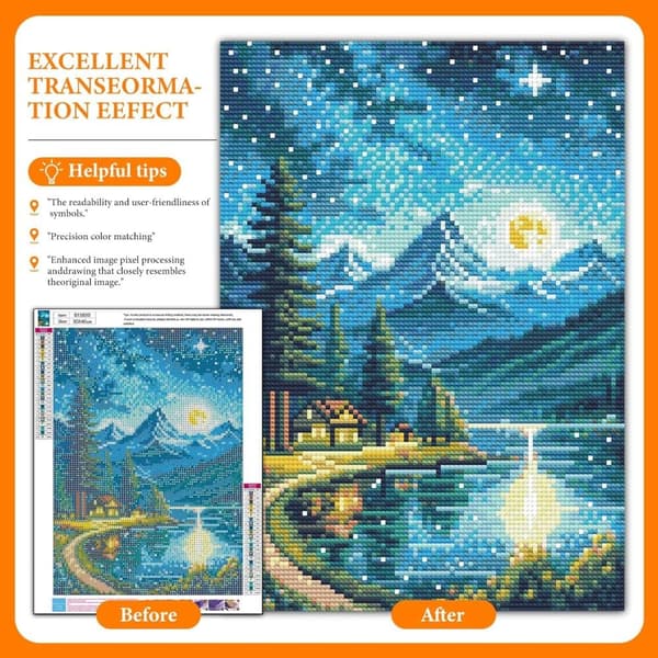 Bomclap Mountain Moon Lake Diamond Art Set Aikuiset - Lakeby Starry Sky Maisema Timanttimaalaus Aloittelija, Täysi pora DIY 30x40 cm Seinäkoriste