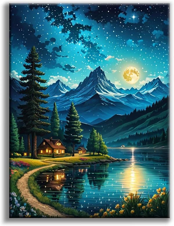 Bomclap Mountain Moon Lake Diamond Art Set Aikuiset - Lakeby Starry Sky Maisema Timanttimaalaus Aloittelija, Täysi pora DIY 30x40 cm Seinäkoriste