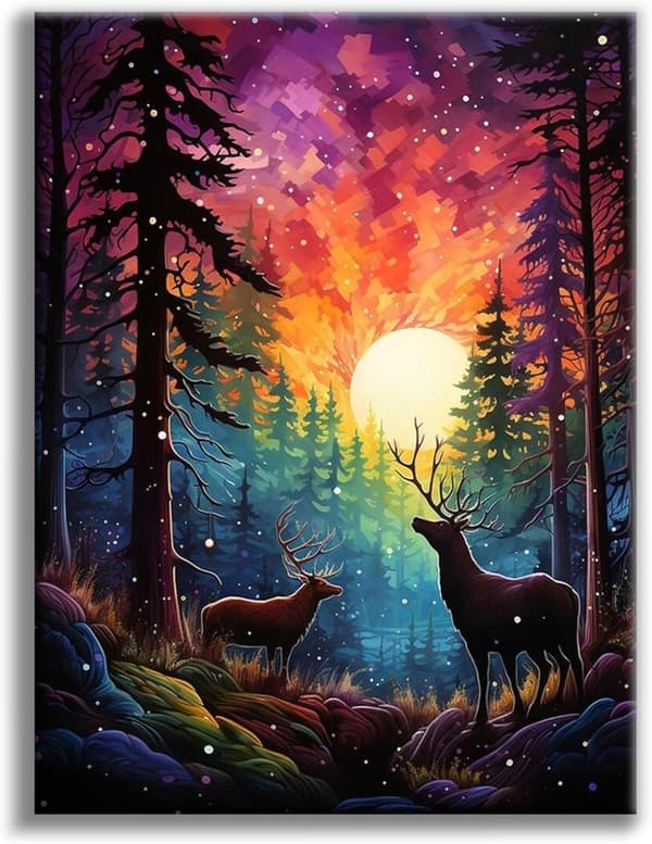 Bomclap Rainbow Sunset Diamond Art Set Voksne - Skovhjort Fantasy Landskab Diamantmaleri Begynder, Fuld Drill DIY 30x40 cm