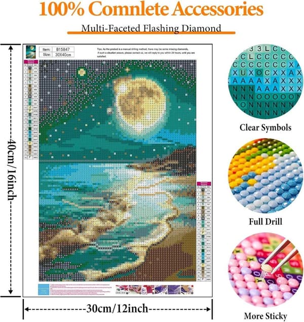Bomclap Moon Beach Diamond Art Set Aikuiset - Sea Moon 5D Timanttimaalaus Aloittelija, Täysi pora DIY 30x40 cm Seinäkoriste