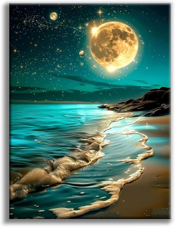 Bomclap Moon Beach Diamond Art Set Aikuiset - Sea Moon 5D Timanttimaalaus Aloittelija, Täysi pora DIY 30x40 cm Seinäkoriste