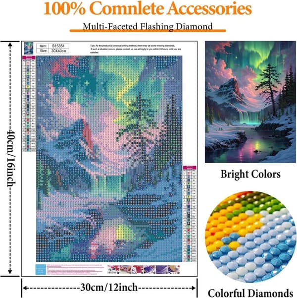 Bomclap Aurora Diamond Art Set Voksne - Snow Mountain Lake 5D Diamantmaleri Begynder, Fantastisk Landskab Fuld Drill DIY 30x40 cm Vægdekoration