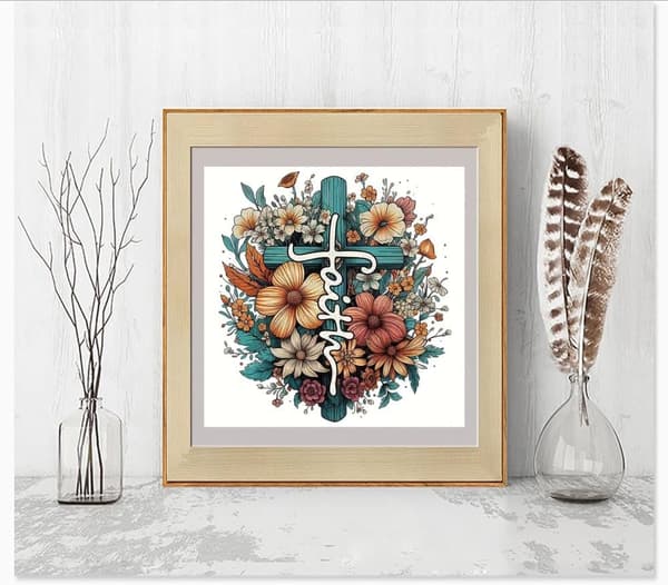 Bomclap Faith -timanttimaalaus – kukkiva risti taiteellisilla kukilla DIY 5D timanttimaalaus, 35x35cm