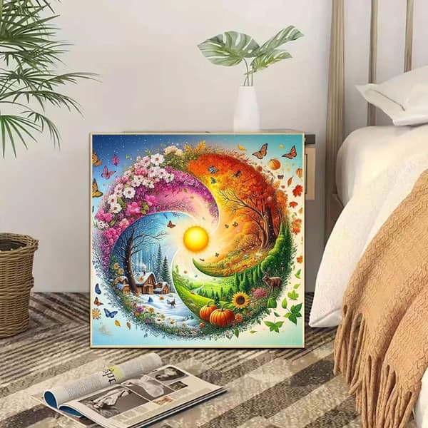 Bomclap Diamond Painting – Årstidernes Spiral med Hus & Natur Motiv DIY 5D Diamantmaleri, 35x35cm