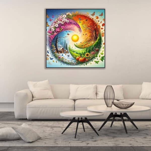 Bomclap Diamond Painting – Årstidernes Spiral med Hus & Natur Motiv DIY 5D Diamantmaleri, 35x35cm