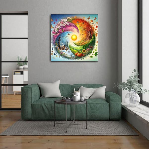 Bomclap Diamond Painting – Årstidernes Spiral med Hus & Natur Motiv DIY 5D Diamantmaleri, 35x35cm