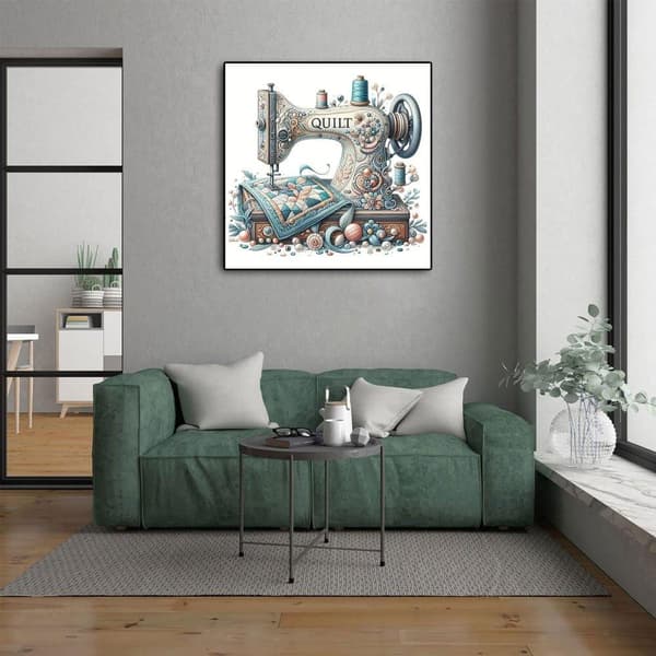 Bomclap Diamond Painting – Retro Symaskine & Patchwork Motiv DIY 5D Diamantmaleri, 35x35cm