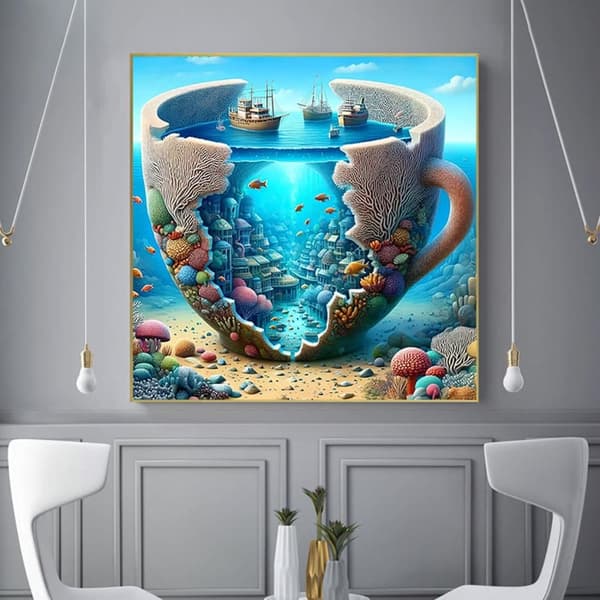 Bomclap Diamond Painting – Fantastisk havkop med korallandsby og skib DIY 5D diamantmaleri, 35x35cm