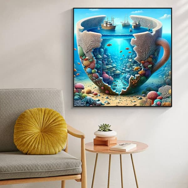 Bomclap Diamond Painting – Fantastisk havkop med korallandsby og skib DIY 5D diamantmaleri, 35x35cm