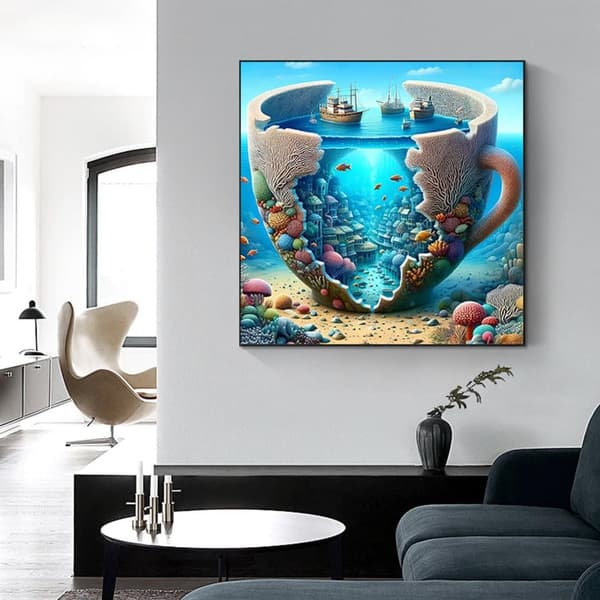 Bomclap Diamond Painting – Fantastisk havkop med korallandsby og skib DIY 5D diamantmaleri, 35x35cm
