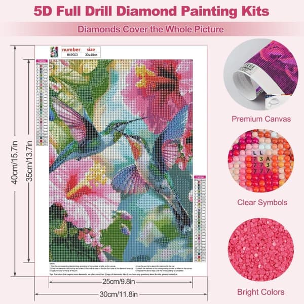 Bomclap kolibri diamantmaleri sæt til voksne, 5d DIY fugle-blomst fuld bore diamant kunst til ænder, kunstsæt til hjemmevægdekoration 30x40cm