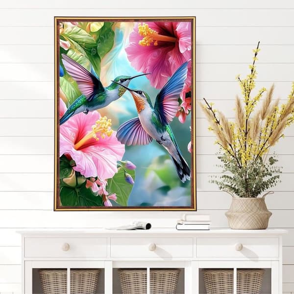 Bomclap kolibri diamantmaleri sæt til voksne, 5d DIY fugle-blomst fuld bore diamant kunst til ænder, kunstsæt til hjemmevægdekoration 30x40cm