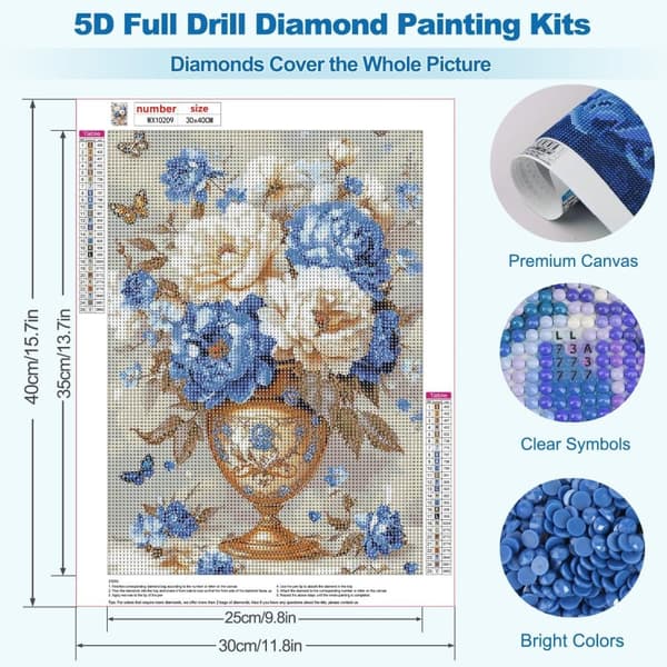 Bomclap Blomster Diamantmaleri Kits til Voksne, 5D Pæonie Diamantkunst Kits for Begyndere, DIY Blomsterkrukke Diamantdots Maleri Gemtegnings Kristall