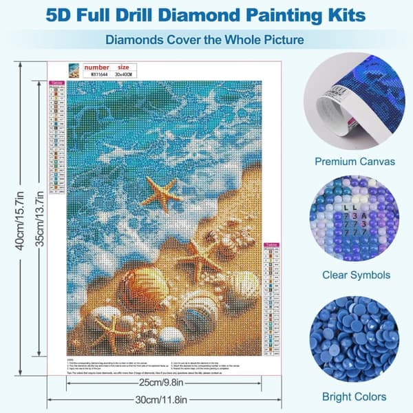 Bomclap Beach Diamond Painting Kits til voksne, DIY Shell / Star Fish Diamond Dots til ænder, fuld diamant kunst boligindretning gave 30x40cm