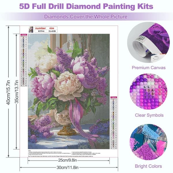 Bomclap diamantmalerisæt til voksne, 5D blomsterpæon diamantkunst til hugtænder, DIY blomstervase fuld diamantkunst boligindretningsgave 30x40cm