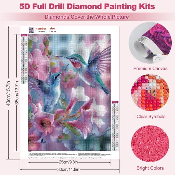 Bomclap 5D Hummingbird Diamond -maalaussarjat aikuisille, DIY-linnut/kukat Full Diamond Art ankoille, kodinsisustuslahja 30x40cm