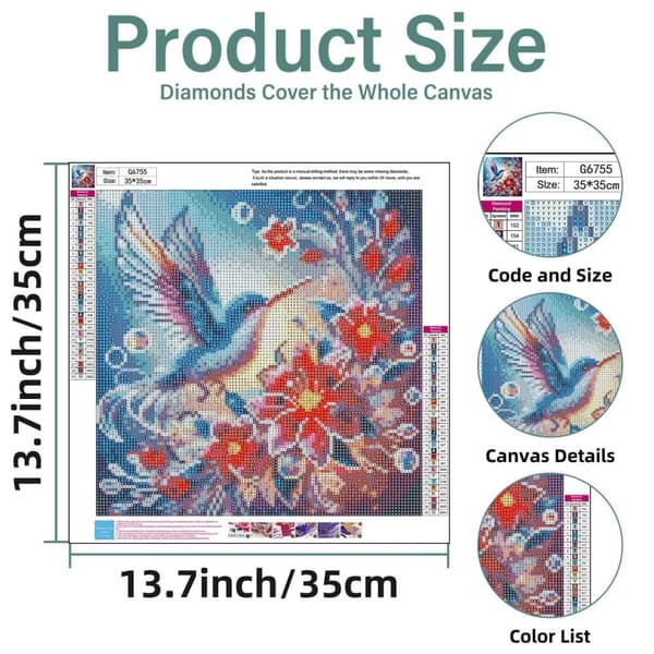 OBOSOE 5D Diamantmaleri - Farverig Kolibri & Blomst Dekoration DIY Diamantmaleri 35x35 cm