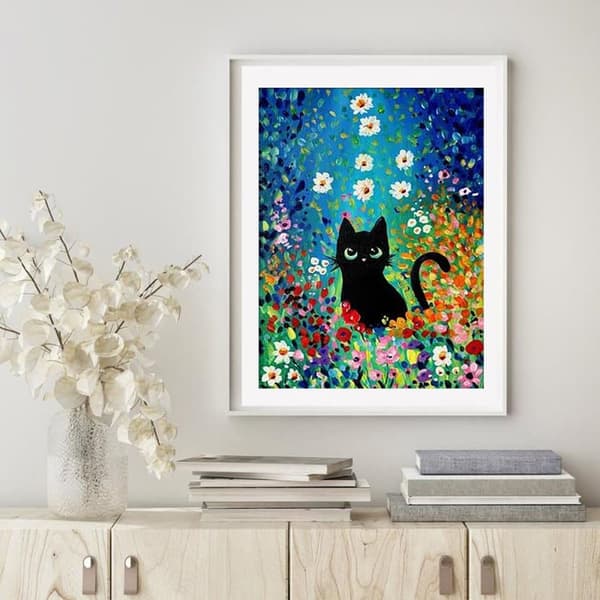 OBOSOE 5D Diamantmaleri – Sort Kat i Farverig Blomstereng DIY Diamantmaleri 30x40 cm