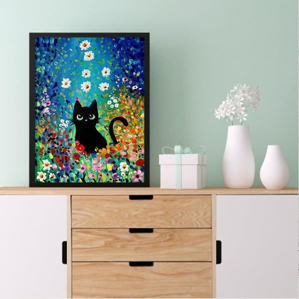 OBOSOE 5D Diamantmaleri – Sort Kat i Farverig Blomstereng DIY Diamantmaleri 30x40 cm