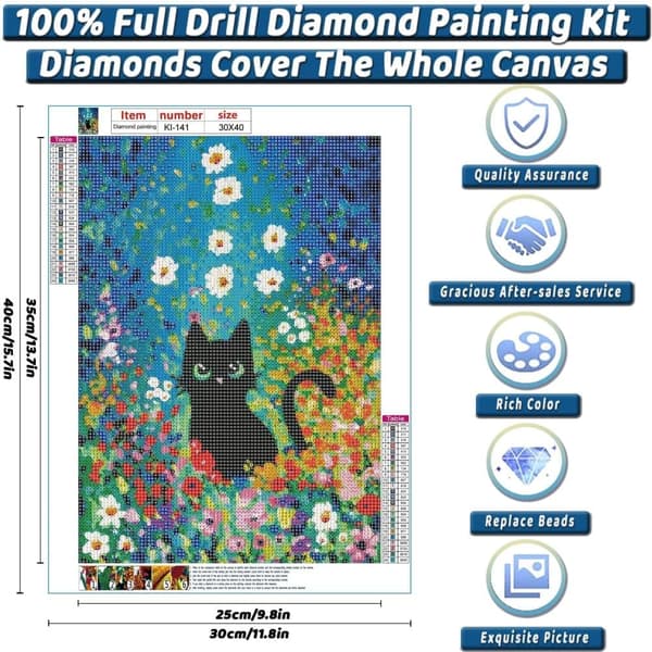 OBOSOE 5D Diamantmaleri – Sort Kat i Farverig Blomstereng DIY Diamantmaleri 30x40 cm