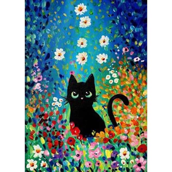 OBOSOE 5D Diamantmaleri – Sort Kat i Farverig Blomstereng DIY Diamantmaleri 30x40 cm