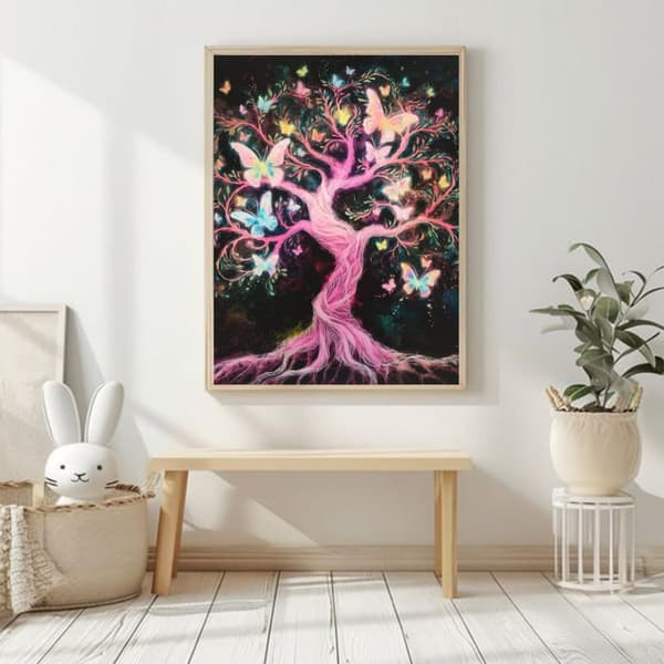 OBOSOE 5D Diamantmaleri – Fantasy Cairn Træer & Farverige Sommerfugle DIY Diamantmaleri 30x40 cm