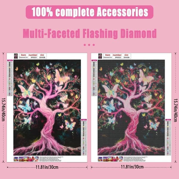 OBOSOE 5D Diamantmaleri – Fantasy Cairn Træer & Farverige Sommerfugle DIY Diamantmaleri 30x40 cm