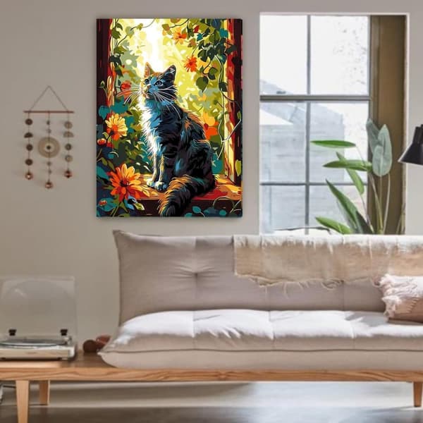 OBOSOE Diamond Painting - 5D DIY Diamantmålning, 30x40cm (Katt vid Fönster med Blommor)