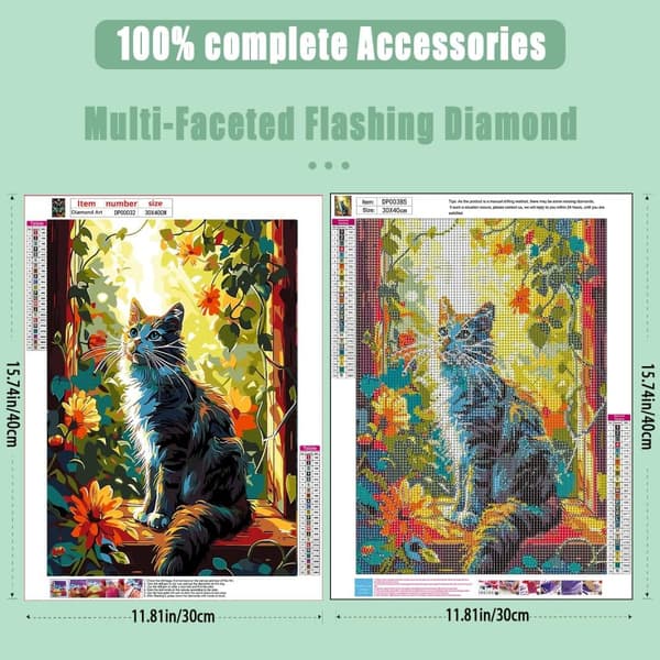 OBOSOE Diamond Painting - 5D DIY Diamantmålning, 30x40cm (Katt vid Fönster med Blommor)