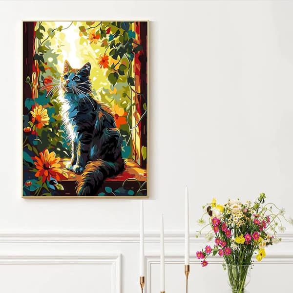 OBOSOE Diamond Painting - 5D DIY Diamantmålning, 30x40cm (Katt vid Fönster med Blommor)