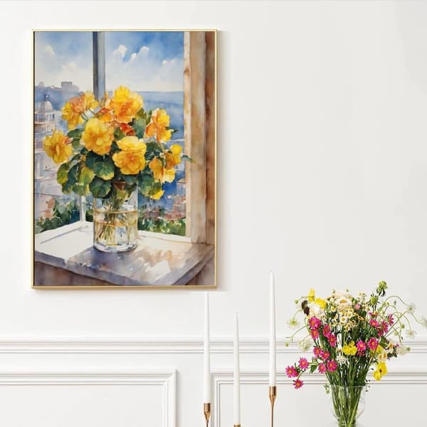 OBOSOE Diamantmaleri - 5D DIY Diamantmaleri, 30x40cm (Gule Blomster ved Vindue med Udsigt)