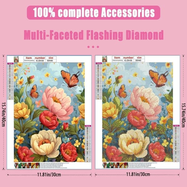 OBOSOE Diamond Painting - 5D DIY Diamantmaleri, 30x40cm (Blomster og sommerfugle)