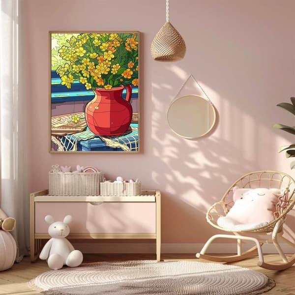 OBOSOE Diamond Painting - 5D DIY Diamantmaleri, 30x40cm (Gule Blomster i Rød Gryde)