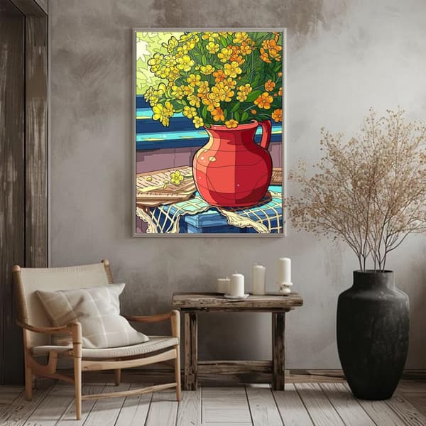 OBOSOE Diamond Painting - 5D DIY Diamantmaleri, 30x40cm (Gule Blomster i Rød Gryde)