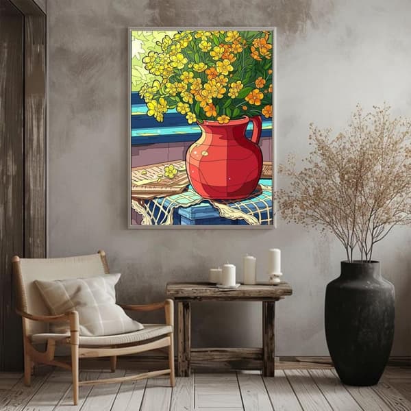 OBOSOE Diamond Painting - 5D DIY Diamantmaleri, 30x40cm (Gule Blomster i Rød Gryde)