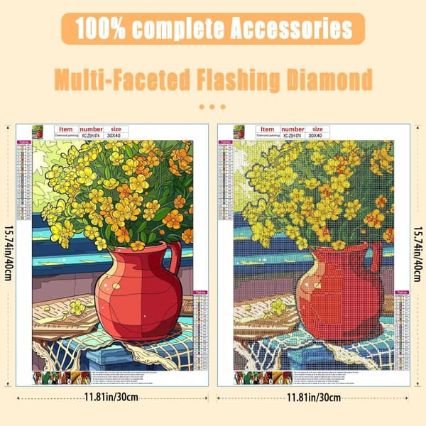 OBOSOE Diamond Painting - 5D DIY Diamantmaleri, 30x40cm (Gule Blomster i Rød Gryde)