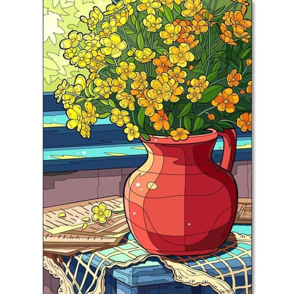 OBOSOE Diamond Painting - 5D DIY Diamantmaleri, 30x40cm (Gule Blomster i Rød Gryde)