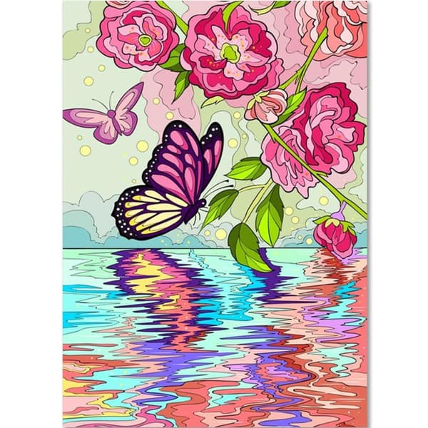 OBOSOE Diamond Painting - 5D DIY Diamantmaleri, 30x40cm (sommerfugle, lyserøde blomster og vandreflektor)
