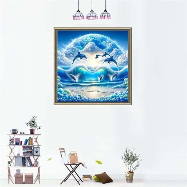 OBOSOE Dolphin 5D Diamond Art - Havmotiver til voksne, Rund perlemaleri Fuld dækning, DIY Boligindretning 35x35 cm