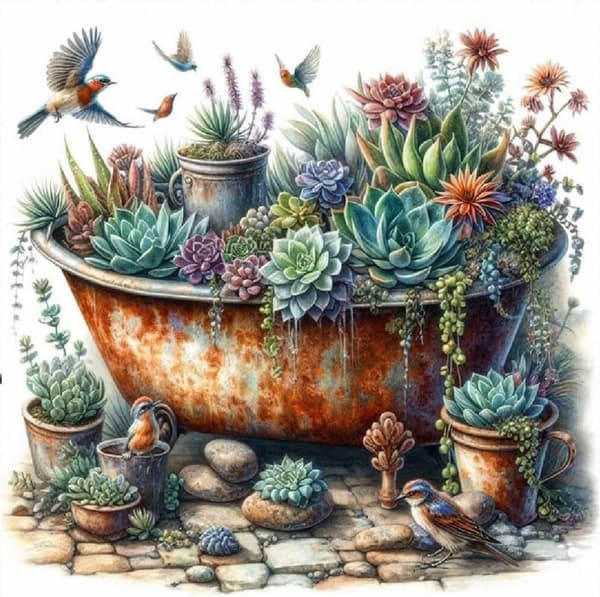 OBOSOE Fågel Succulenter 5D Diamantkonst - Nybörjarvänlig DIY, Heltäckande pärlor, Väggdekoration 35x35 cm