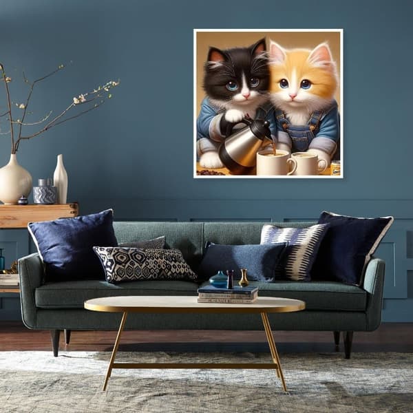 OBOSOE Katt & Kaffe 5D Diamantkonst - Avkopplande pärlemålning, Rundpärlor heltäckande, DIY 35x35 cm