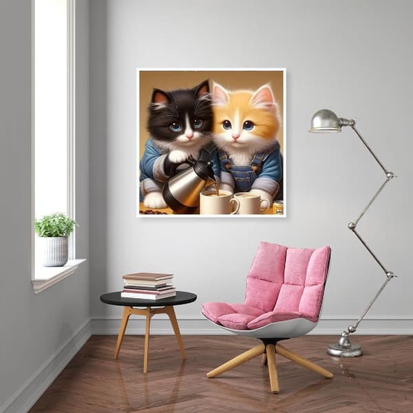 OBOSOE Katt & Kaffe 5D Diamantkonst - Avkopplande pärlemålning, Rundpärlor heltäckande, DIY 35x35 cm